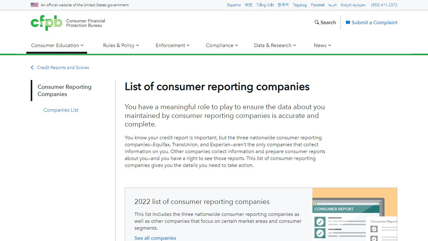 Consumer reporting companies | Consumer Financial Protection Bureau